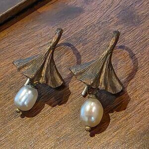 Bronze and Freshwater Pearl Ginkgo Earrings by Michael Michaud
